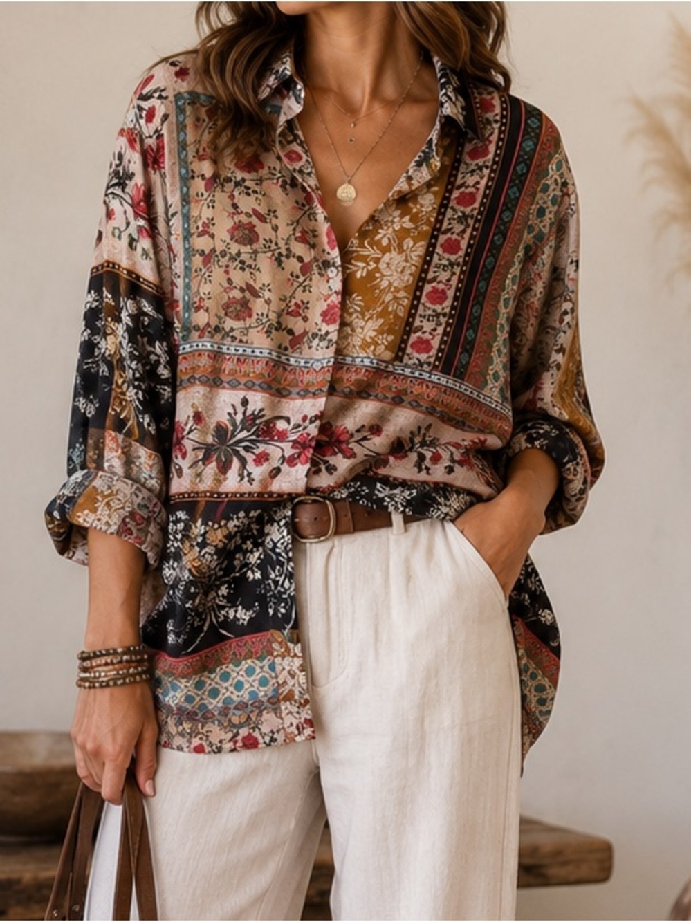 Talisman Boho Print Button Up Balloon Long Sleeve Oversized Floral Fall